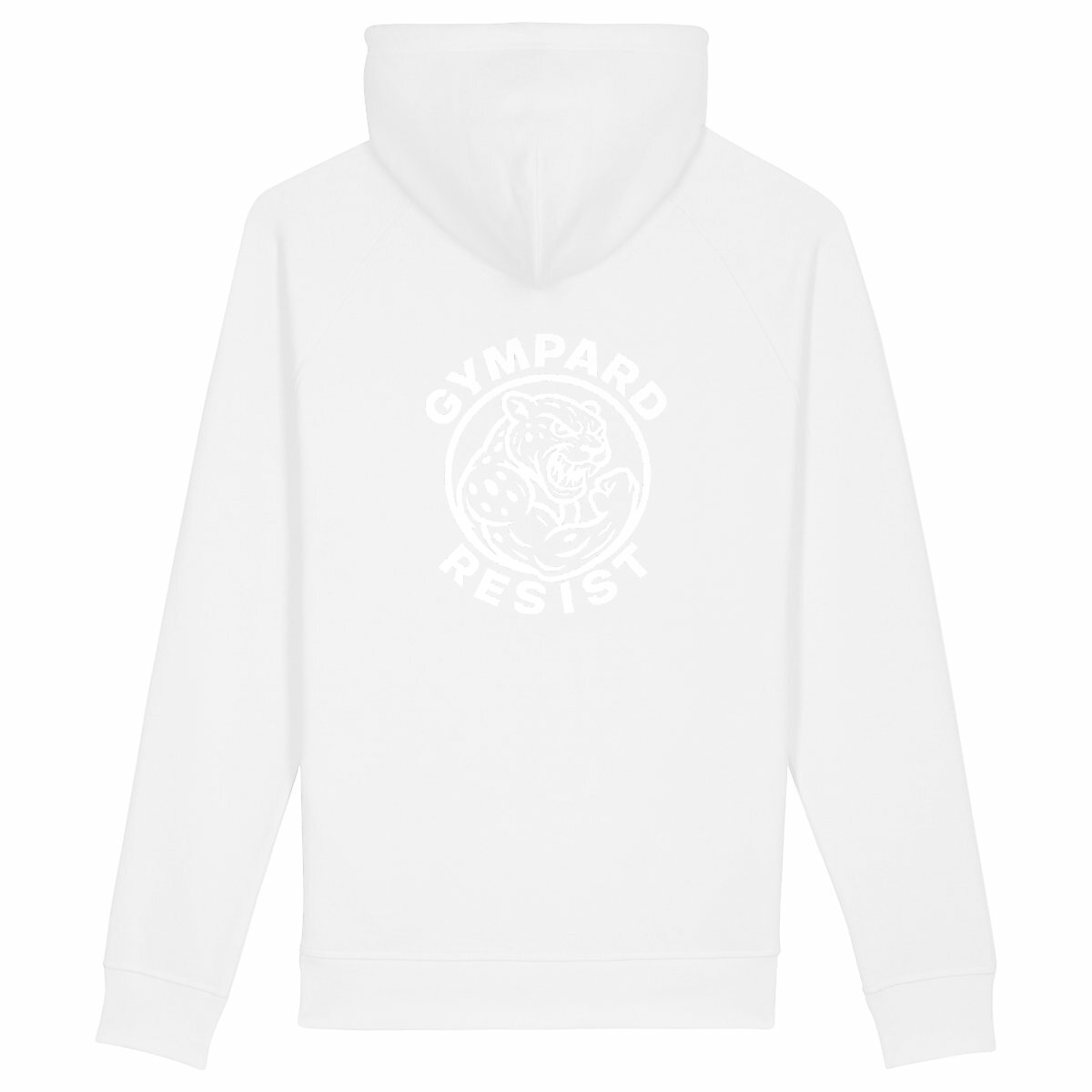 Sudadera unisex con capucha y bolsillo lateral: logo + resist - espalda_blanco