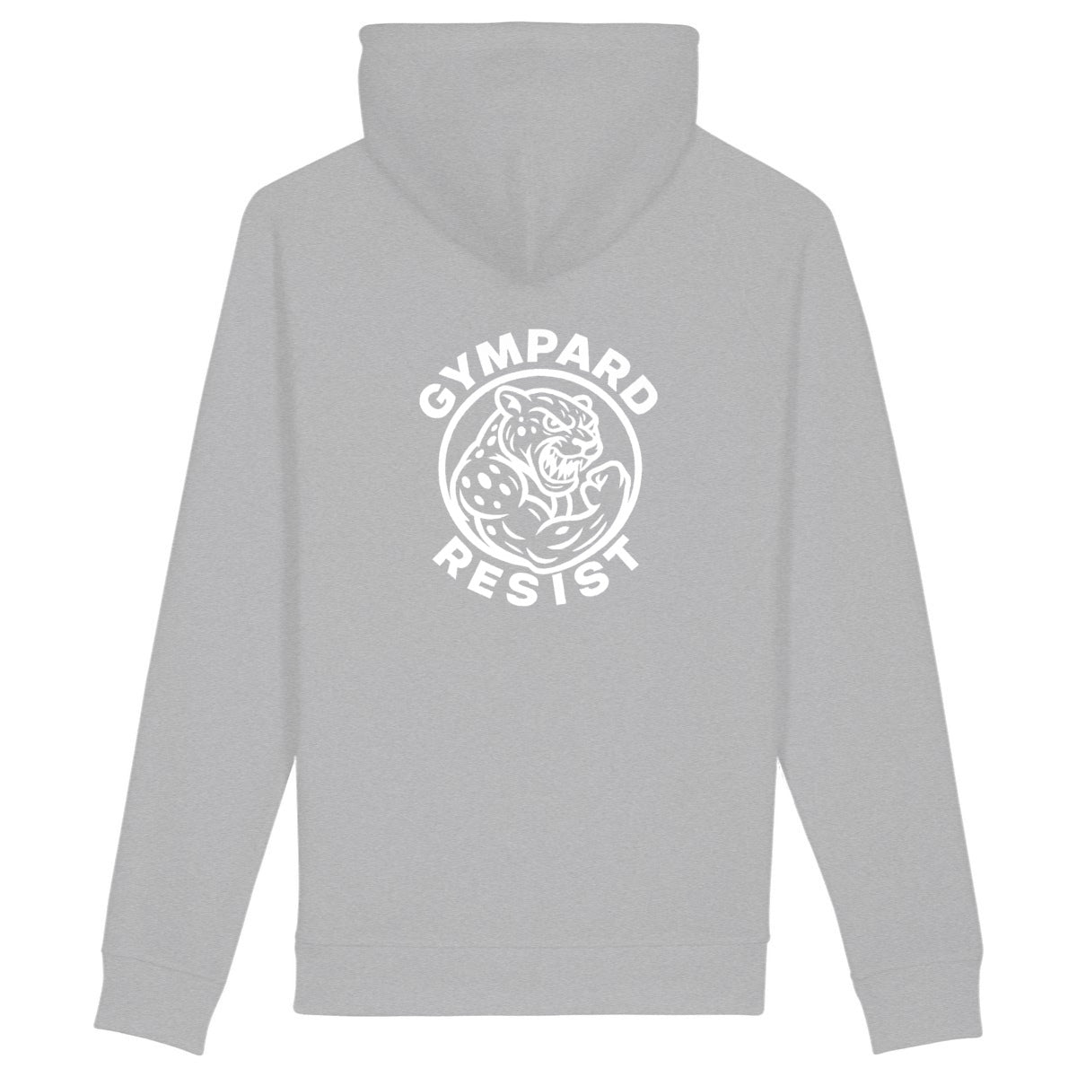Sudadera unisex con capucha y bolsillo lateral: logo + resist - espalda_heidekrautgrau