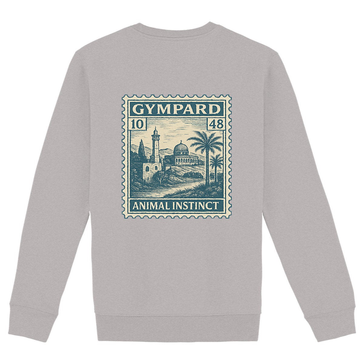 heavyweight sweatshirt; Arabic CG STAMP - espalda_heidekrautgrau